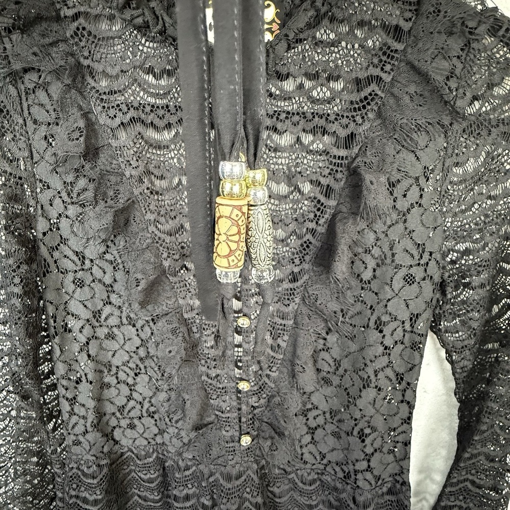 Meghan Los Angeles Lace Dress/Tunic Top Womens 0 Black Sheer Boho Bell Sleeve - Picture 8 of 11
